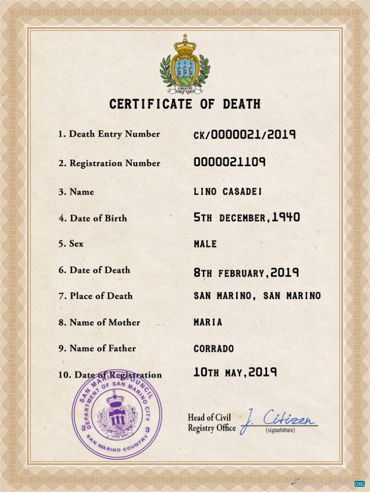 Download San Marino vital record death certificate PSD template Photoshop template